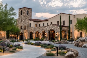 Fototapeta premium Premium Elegant Golf Clubhouse Exterior at Sunset Modern Luxury Sports Venue for Upscale Lifestyle Marketing and Professional Recreation Content