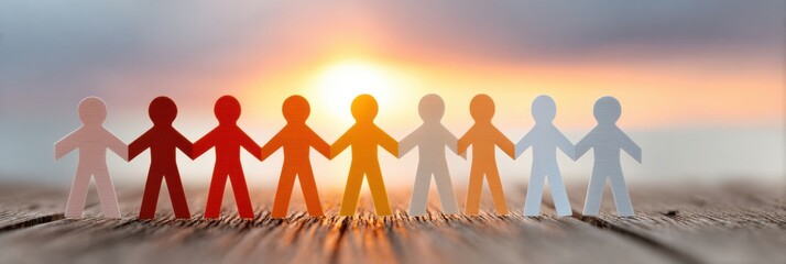 Modern Diverse Paper Cutout Figures Holding Hands Representing Unity and Empathy for Professional Collaboration and Inclusive Teamwork Content