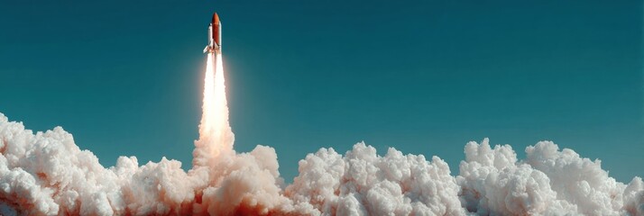 Powerful rocket blasting off into sky with dynamic smoke trail premium space innovation concept for inspiring tech marketing and modern business campaigns