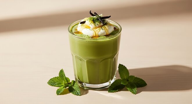 Sun-Drenched Matcha Latte with Creamy Vanilla Topping and Fresh Mint Garnish.