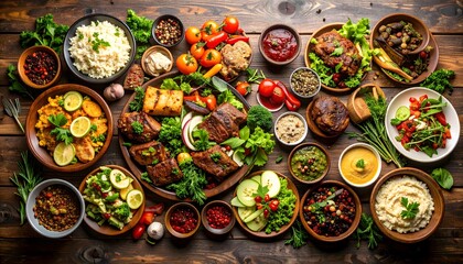 Variety of Middle Eastern Food with Fresh Vegetables and Sauces on Rustic Wooden Table