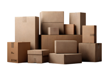 Collection of Mixed-Size Cardboard Boxes in Stacked Formation, Front View, Isolated on Transparent Background