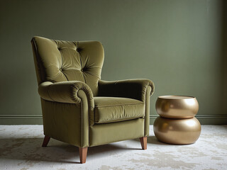 Olive green velvet chairs with soft gold side trims, the balanced green and gold tones create a scene of gentle luxury and sophistication.