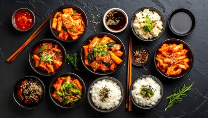 Assorted Korean Banchan and Rice Bowls on Dark Slate Plate with Sauces and Chopsticks