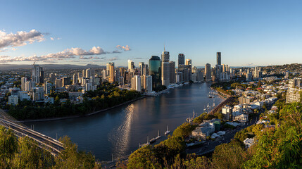 Naklejka premium Sunrise Panoramic City View with Shimmering River and Lush Greenery