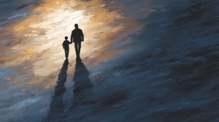 Two silhouetted figures an adult and a child hold hands walking towards a bright light with long shadows