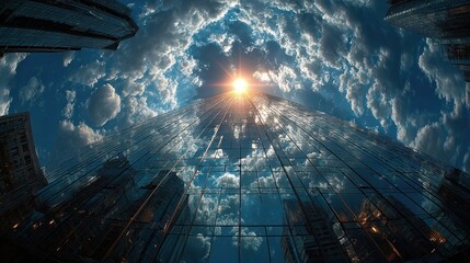 A modern building fully covered in reflective glass panels, capturing the surrounding sky and light