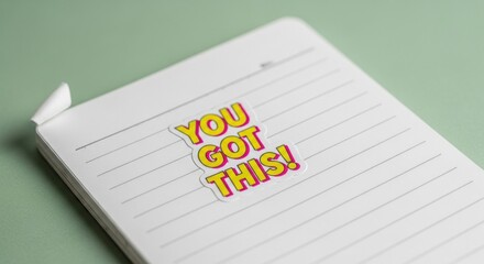 A close up shot of a notebook with the words you got this sticker on it against a green background © muhammad