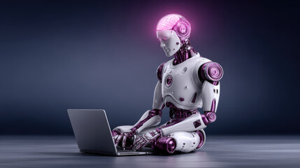 Futuristic robot with glowing brain sits laptop, symbolizing advanced technology and artificial intelligence. scene conveys sense of innovation