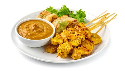 Skewered Chicken Satay with Peanut Sauce and Spring Rolls on White Plate