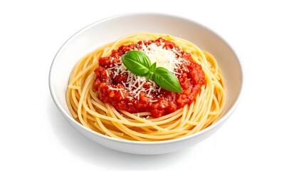 Plate of Spaghetti with Tomato Sauce and Fresh Basil on White Bowl