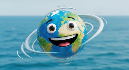 A cartoon earth with a smiling face floating on the ocean with swirling wind around it in a cartoon style