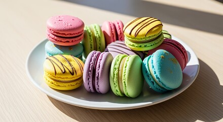 Obraz premium Colorful Macarons on a Plate: A Delightful Pastry Display