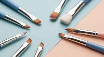Arrangement of various makeup brushes with blue and pink handles on a two tone background surface