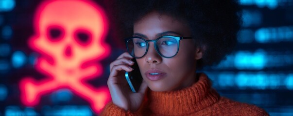 Young african american woman using smartphone and concerned about online fraud with glowing skull in background. Cybersecurity issues and digital threat.