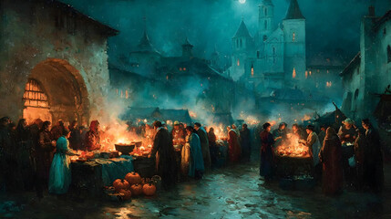 A bustling medieval night market scene in a charming historic town with a crowd gathered around warm fires and illuminated by lanterns and the glow of nearby buildings