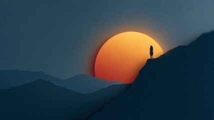 Obraz premium Silhouette of a person standing on a mountain ridge against a large setting sun