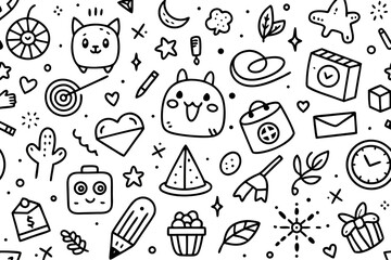Fun Doodle Art Seamless Pattern, Whimsical Hand-Drawn Vector Graphics, Playful Black and White Design, Cute Kawaii Style Elements, Great for Kids, Adds a Touch of Joy