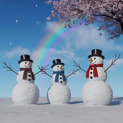 Obraz premium Three snowmen with hats and scarves