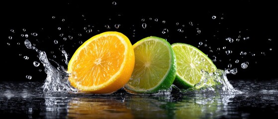 Fresh citrus slices splash in water, showcasing vibrant colors and dynamic motion against a dark background.