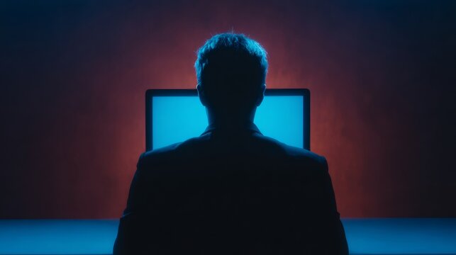 Silhouette of a man with glowing hair watching a bright blue computer screen. Dark room with red light for hacker and spy concepts.