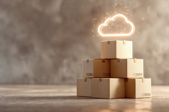 Stacked Wooden Boxes with Cloud Technology Concept in a Modern Minimalist Setting