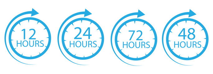 12 hours service icon vector set. Red 12h duration sign. Red 12 hours clock arrow icons, work and delivery time symbols. Red 12hr support sign collection. 12 hours icon vecto