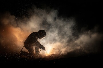Silhouette of a Welder Creating Sparks Against Dark Background with Smoke and Light Effects