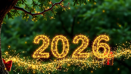 Crackling spark text 2026 with animated tree glow and gift trail particles on green