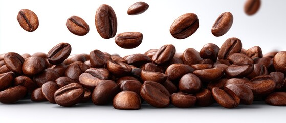 Obraz premium A close-up view of scattered coffee beans, some in mid-air, highlighting their rich brown color and texture against a clean background.