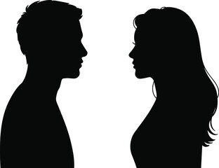 Black and white silhouette of two people facing each other, male short hair, female long hair, minimalist profile portrait illustration © Creative Asif