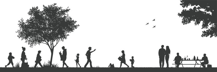 Black and white park silhouette with people walking, couple standing, picnic table gathering, flying birds, large trees, community leisure outdoor scene