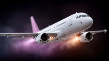 A white jet airplane with pink wingtips ascends through a dark sky with visible engine thrust and purplish clouds