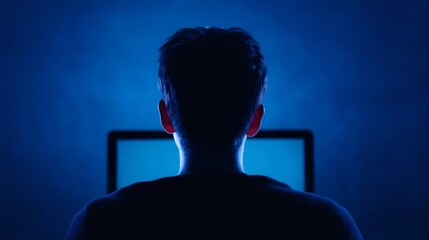 Man from behind looking at laptop screen. Cyber security threat or hacker accessing data. Online fraud concept.