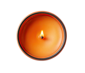 Overhead view of an orange candle.  A single flame flickers in the center of a round, orange candle, nestled within a dark-rimmed container.  