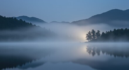 Fototapeta premium Ethereal Lake Serenity: Misty Reflections at Dawn with Silhouetted Pines