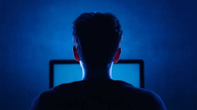 Man from behind looking at laptop screen. Cyber security threat or hacker accessing data. Online fraud concept.