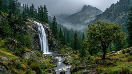 Obraz premium A powerful waterfall cascading down the middle of a rugged mountain, surrounded by rocky cliffs and mist