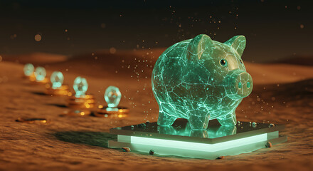 Futuristic hologram pig sculpture with glowing 3D digital design innovative virtual display transparent neon lighting and modern art elements for high-tech visual appeal