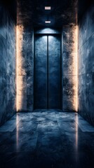 Obraz premium Modern Elevator Entrance with Blue Illuminated Walls and Symmetrical Perspective perfect for architectural photography, corporate design projects, technology branding and futuristic interior concepts