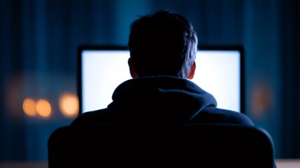 Man sits in dark room with back to camera, facing a computer screen. Night time online activity, internet security concept.