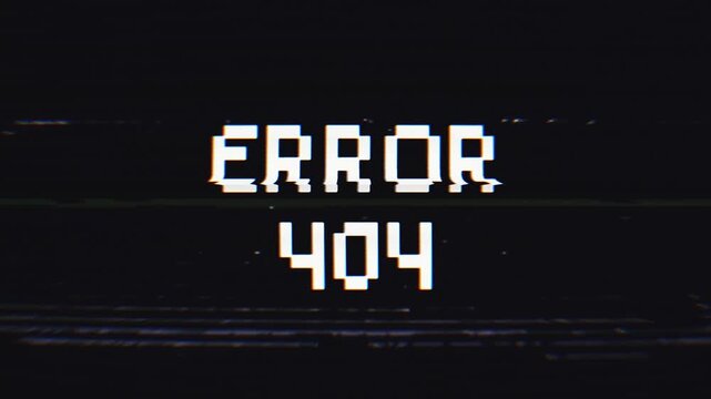 error 404 animation with glitch effect, digital artifact, distorted text on 4k alpha channel.