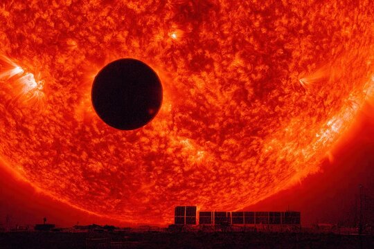 Strange magnetic vortex on the Sun surface with glowing plasma spirals in detailed scientific photorealism.