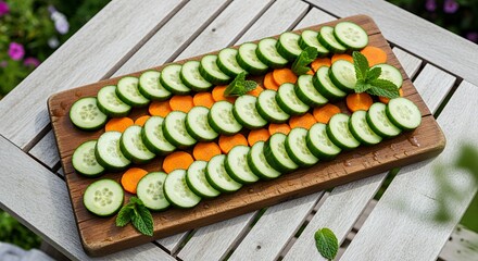 Refreshing Cucumber and Carrot Slices on Wooden Board