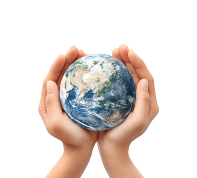 Two hands gently cradling planet Earth, symbolizing care and protection