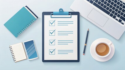 personal branding startups concept. Workspace with a checklist, laptop, coffee, and stationery items for productivity.