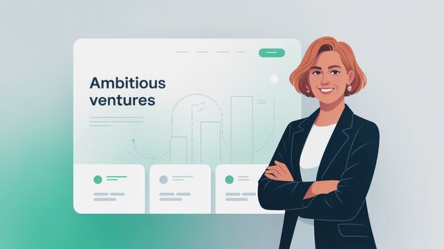 personal branding startups concept. An illustration of a confident woman standing by a business chart titled "Ambitious Ventures.