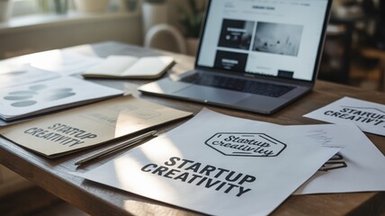 personal branding startups concept. Workspace featuring laptop and creative materials for startup projects.