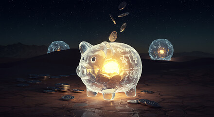 Futuristic glass piggy bank filled with floating coins illuminated in a modern desert landscape at night highlighting digital currency financial growth and innovative savings
