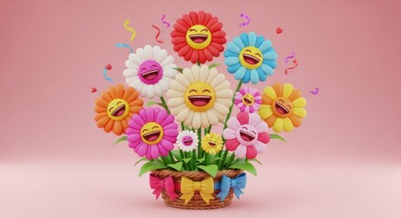 Joyful cartoon flowers with happy emoji faces bloom in a decorated basket, spreading vibrant cheer and celebration with confetti.